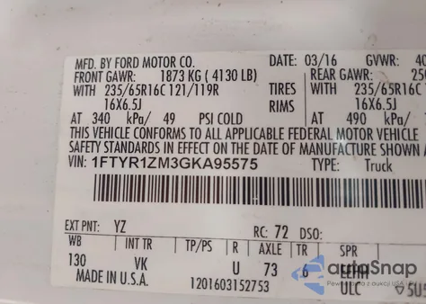 2016 Ford Transit-250 из США, поврежденный, VIN 1FTYR1ZM3GKA95575